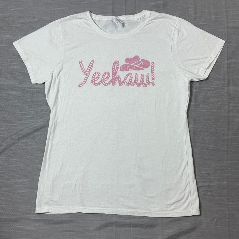 Women’s Size L Yeehaw Cowboy Hat Graphic Tee – 100% Cotton – White